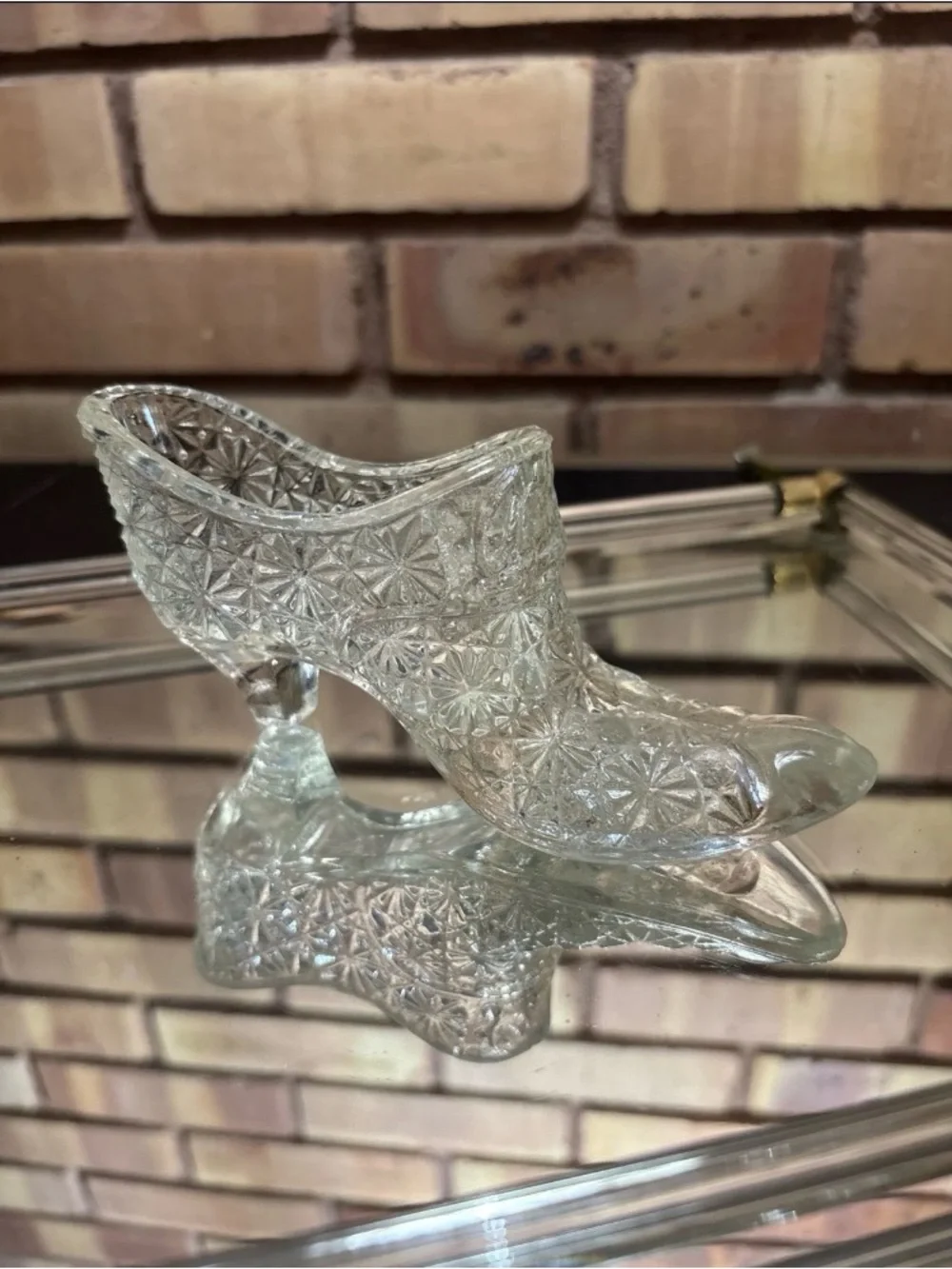 Vintage Fenton Art Glass Clear Daisy & Button Shoe Slipper Clear 6”